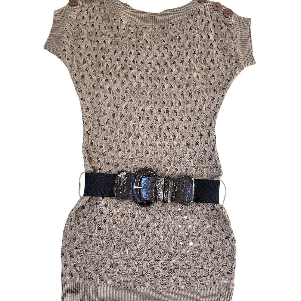 Pronto Pullover Sweater Brown Size Medium Open Knit Button Detail Short Sleeves